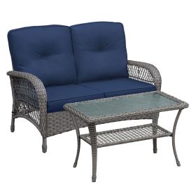 pat2 Piece Outdoor Wicker Patio Furniture Set, 2-Seater Rattan Loveseat with Tempered Glass Coffee Table, Water-Resistant Navy Blue Cushions