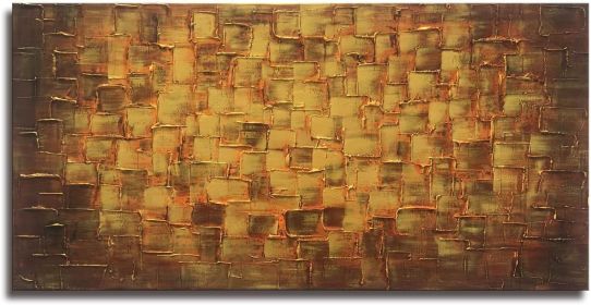 Textured Abstract Squares Canvas Wall Art Hand Painted Modern Golden Yellow Oil Painting Picture for Home Decoration Ready to Hang 40x20inch