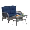 pat2 Piece Outdoor Wicker Patio Furniture Set, 2-Seater Rattan Loveseat with Tempered Glass Coffee Table, Water-Resistant Navy Blue Cushions