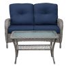 pat2 Piece Outdoor Wicker Patio Furniture Set, 2-Seater Rattan Loveseat with Tempered Glass Coffee Table, Water-Resistant Navy Blue Cushions