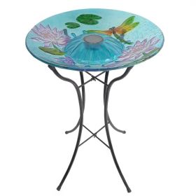 Glass Bird Bath with Metal Stand and Solar Light