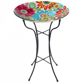 18in Pastel Floral Painted Glass Bird Bath