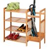 2-Shelf Entryway Shoe Rack Bench, Black Metal Frame, Brown Wood Top