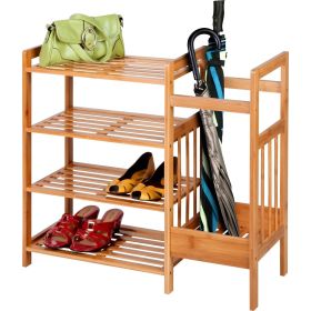 2-Shelf Entryway Shoe Rack Bench, Black Metal Frame, Brown Wood Top