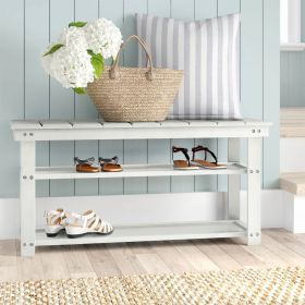 White Slatted Wood 2-Shelf Shoe Rack Bench
