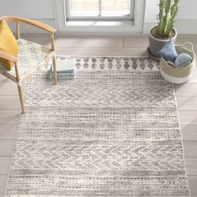 6.6ft x 9ft Grey Ivory Chevron Stripe Boho Area Rug