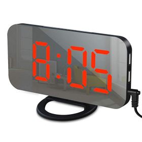 LED Mirror Alarm Clock with USB Ports (Color: Black-Red, Ships From: China)
