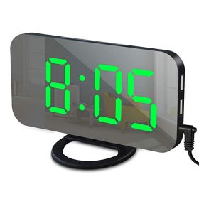 LED Mirror Alarm Clock with USB Ports (Color: Black-Green, Ships From: China)