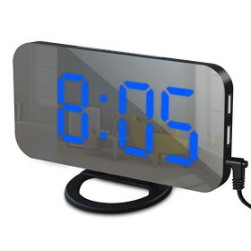 LED Mirror Alarm Clock with USB Ports (Color: Black-Blue, Ships From: China)